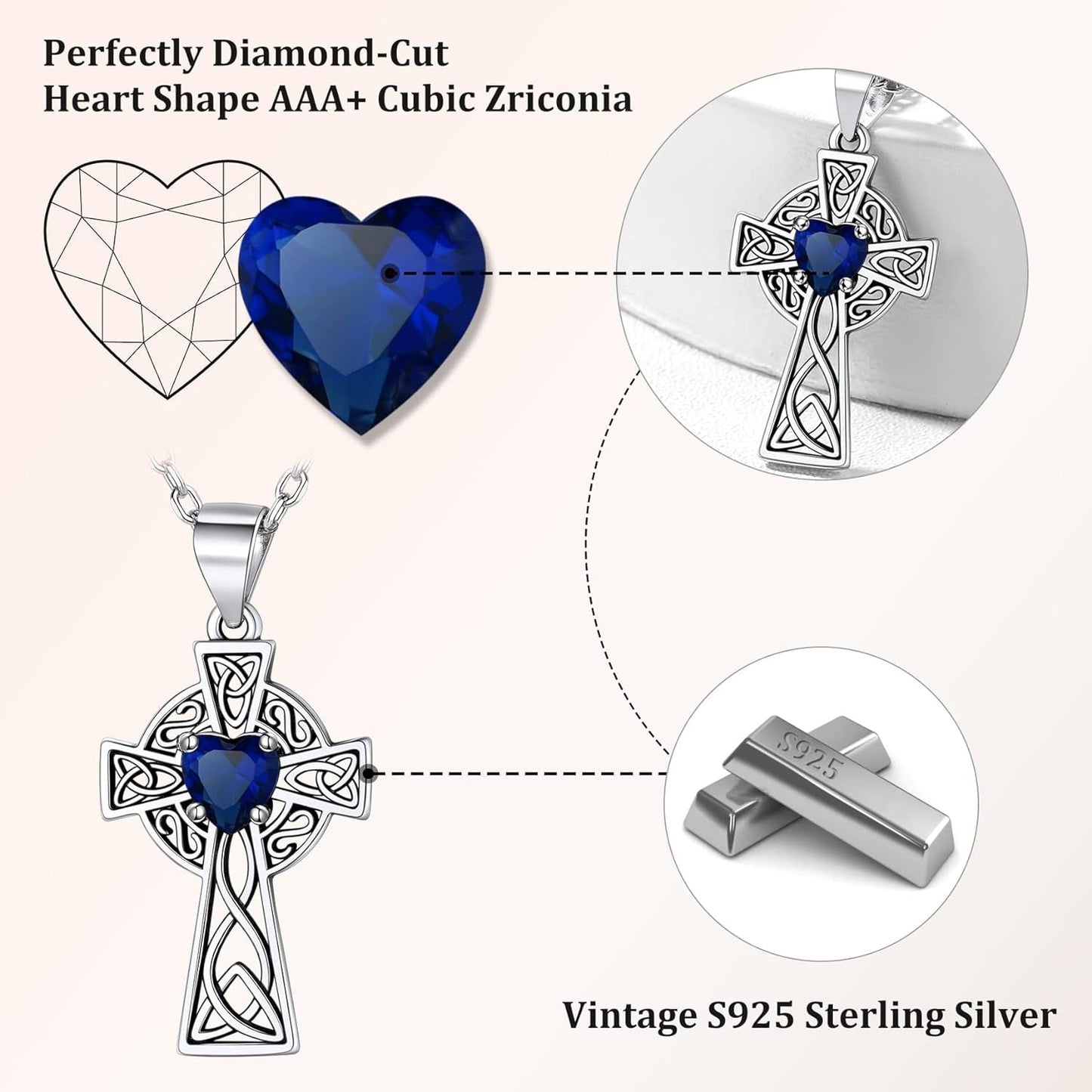 Vintage 925 Sterling Silver Celtic Cross/Triquetra Necklace with 12 Month Heart Gemstone, Dainty Heart Birthstone Necklace Faith Irish Amulet Lucky Jewelry Birthday Gift for Women Girls…
