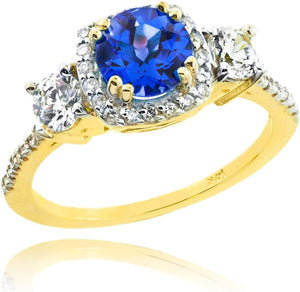 14K Yellow Gold Diamond Halo 3-Stone September Birthstone Blue Sapphire Engagement Ring (Size 6)