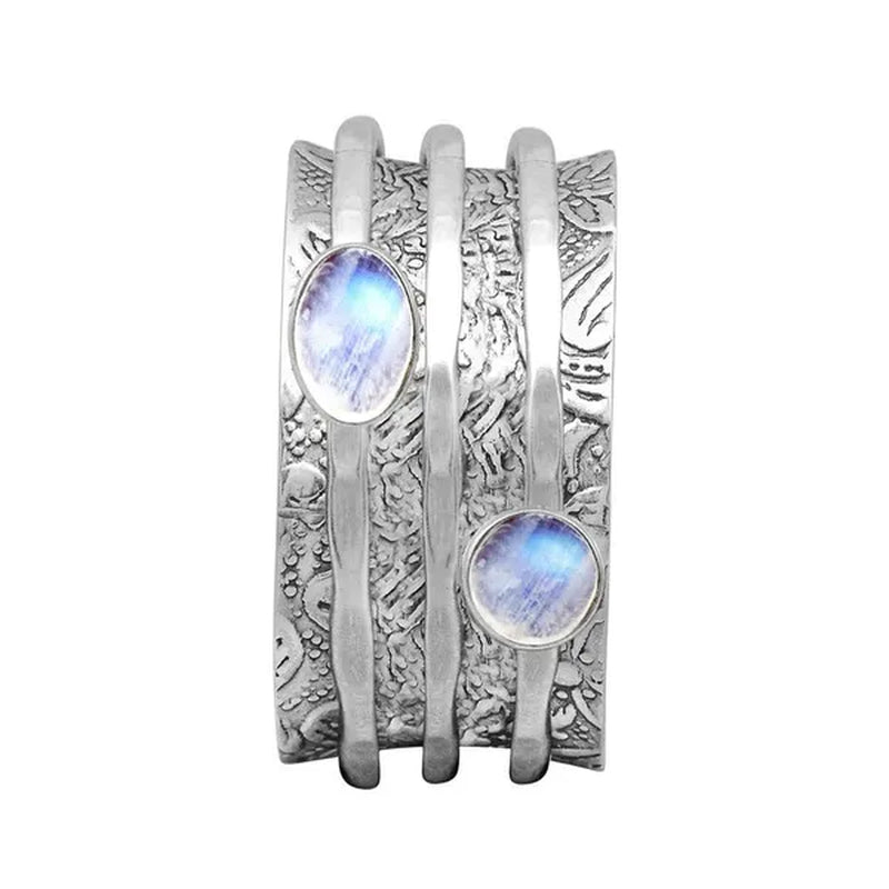 Large 925 Pure Sterling Silver Moonstone Diamond Sculpture Printing Ring Wedding Party Jewelry