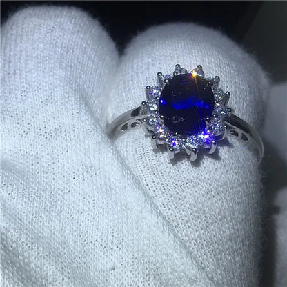 Royal Jewelry Princess Diana Soild Silver Color Ring Sapphire Cz Diamond Engagement Wedding Band Rings for Women Bridal Size 5-11 Bague Femme