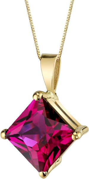 Created Ruby Pendant in 14 Karat Yellow Gold, Classic Solitaire, Princess Cut, 8Mm, 3 Carats Total