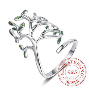 925 Sterling Silver Tree of Life Green Tree Leaves Adjustable Finger Rings for Women Sterling Silver Jewelry Wedding Party Gift