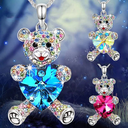 Elegant Fashion Creative Women's Heart-shaped Crystal Bear Necklace Diamond Bear Necklace Women's Engagement Necklace Cute Girl Animal Jewelry Birthday Anniversary Gift