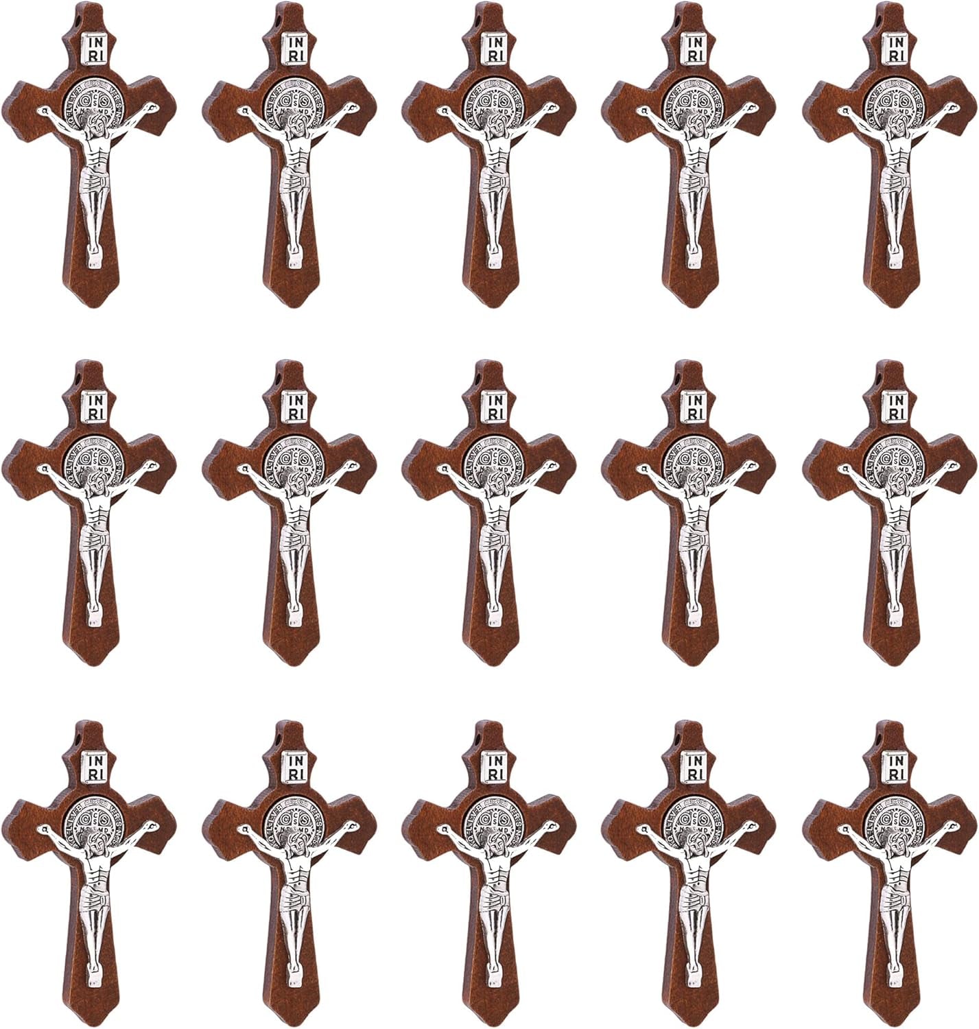 10Pcs Catholic Religious Jesus Wear I Handcrafted Inlay Alloy Wood Cross Crucifix Pendant Necklace Charm Jewelry Making Accessaries