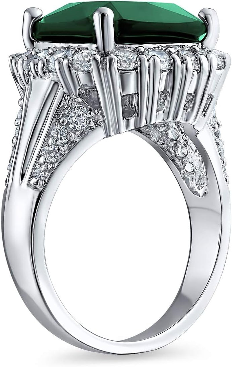 Big Solitaire AAA Cubic Zirconia Pave CZ 5-7CTW Cushion Emerald Cut Simulated Ruby Red Green Vintage Art Deco Style Halo Cocktail Statement Ring for Women Silver Plated Customizable
