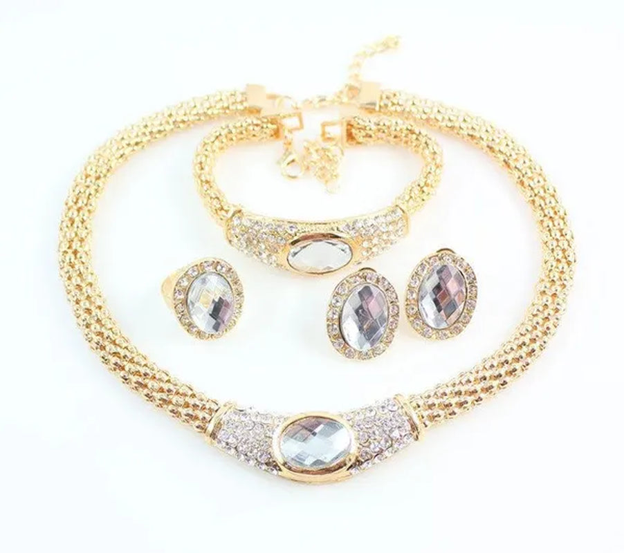 Women Gold Plated Crystal Gem Necklace Wedding Party Jewelry Sets 4 Colors