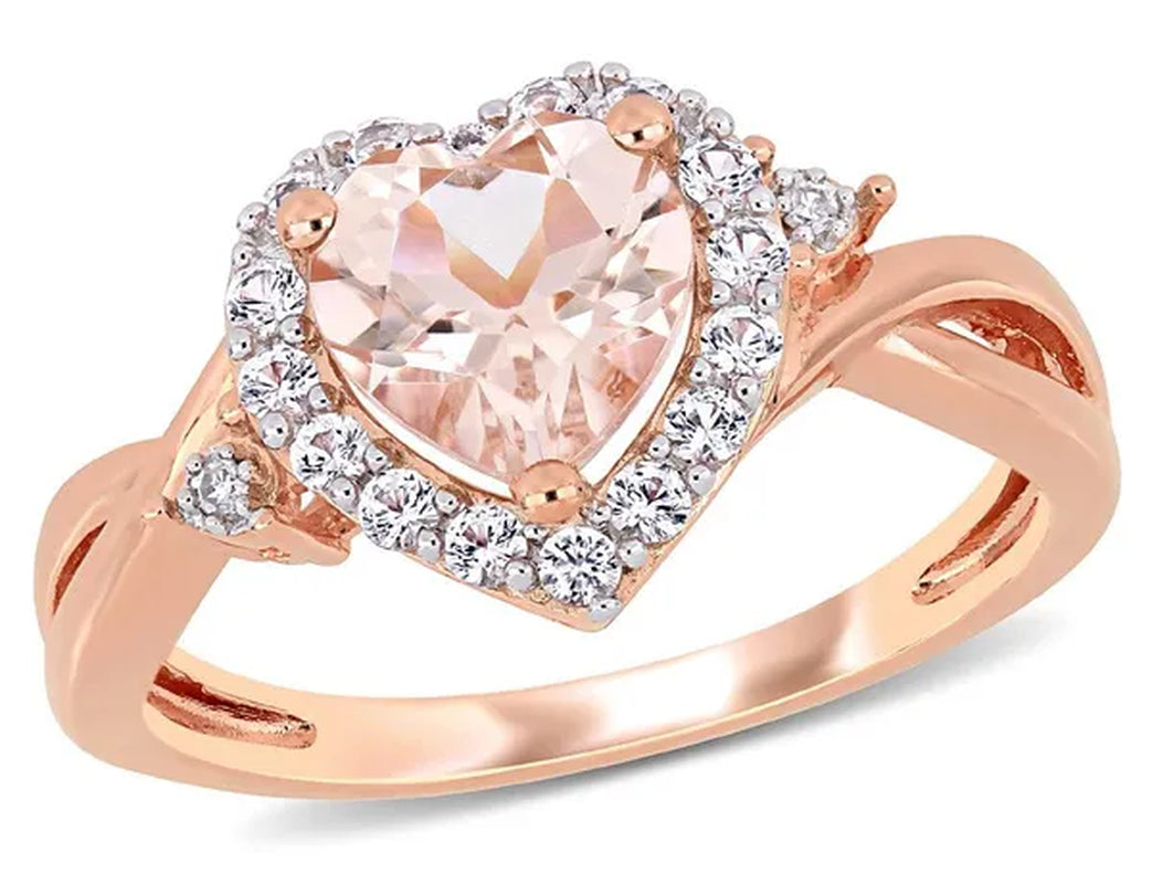 1.10 Carat (Ctw) Morganite Heart Promise Ring in Rose Pink Sterling Silver Synthetic White Sapphires