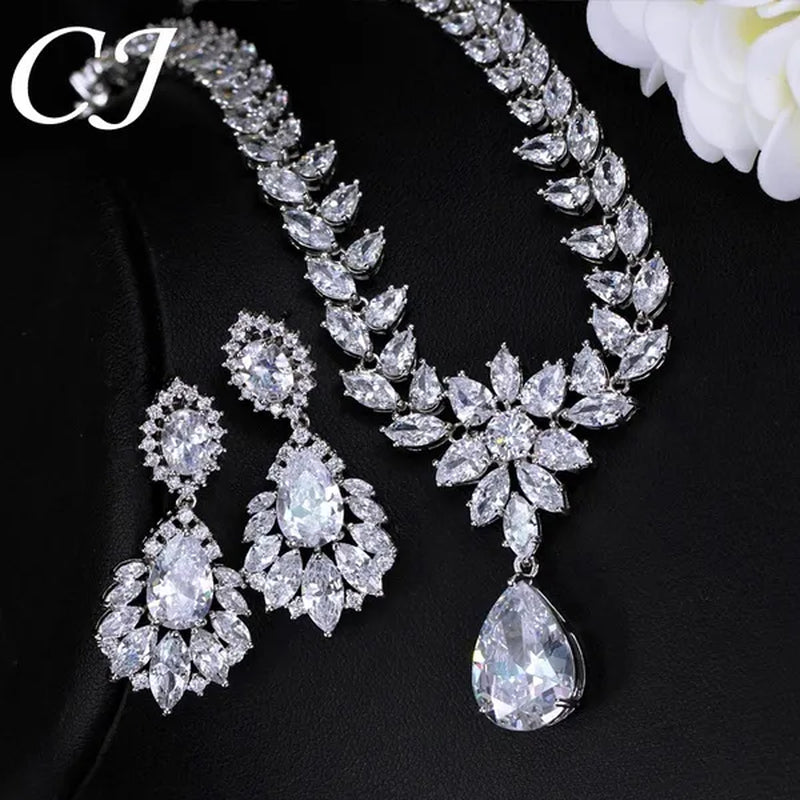 CANDICE Hand-Inlay Sparkling AAA+ CZ Stone Luxury Wedding Bridal Jewelry Set Classic Platinum Plated Water Drop Pendant Necklace Earrings for Women Party