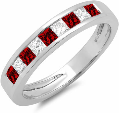 10K Gold Princess Cut Garnet & White Diamond Ladies Anniversary Wedding Band Stackable Ring