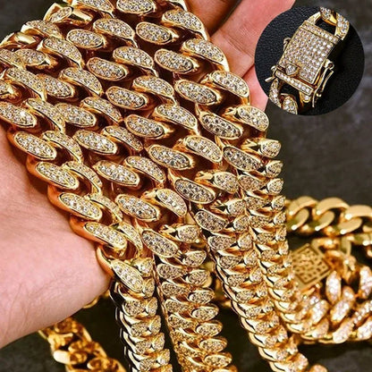 Gold/Silver Stainless Steel Hip Hop Jewelry Iced Out Rhinestone Thick Miami Cuban Link Chain Necklace Bracelet 7-28 Inch