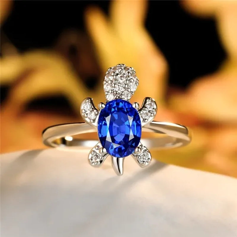 Rainbow Stone Turtle Rings Cute Animal Sea Turtle Ring White Sapphire Diamond Ring Ocean Style Turtle Aquamarine Crystals Rings for Women and Men Birthday Party Anniversary Gift Wedding Engagement Ring Jewelry 14 Colors Size 5-11