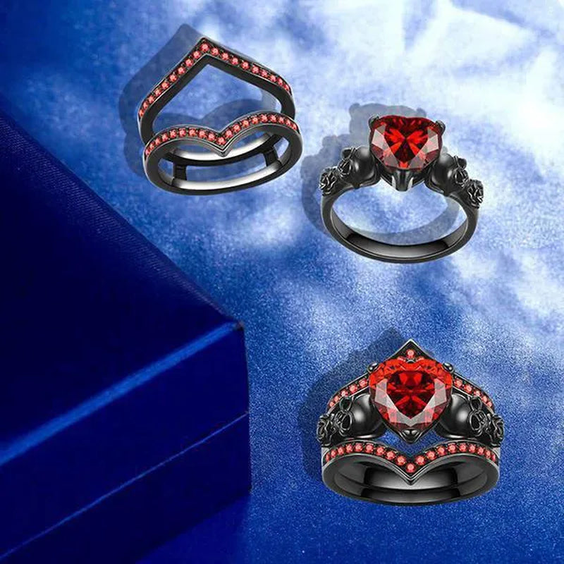 Gothic Black Rose Flower Skull Engagement Rings Set Red Purple Heart-shaped Zircon Crystal Wedding Anniversary Holiday Gift