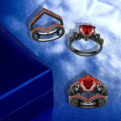 Gothic Black Rose Flower Skull Engagement Rings Set Red Purple Heart-shaped Zircon Crystal Wedding Anniversary Holiday Gift
