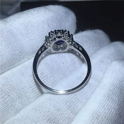 Exquisite Luxury Silver Plated Blue Cubic Zirconia Ring Engagement Wedding Band Rings for Women Bridal Anniversary Gift Jewelry
