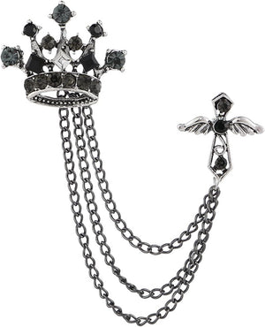 Cross Crown Long Chain Brooch for Men'S Rhinestone Tassel Brooch Pin Coat Tassel Chain Lapel Pins Suit Accessories
