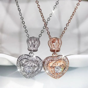 Fashion Cute Silver Plated Heart Shaped Crown Diamond Pendant Necklace for Women Wedding Engagement Rose Gold Clavicle Jewelry Gift