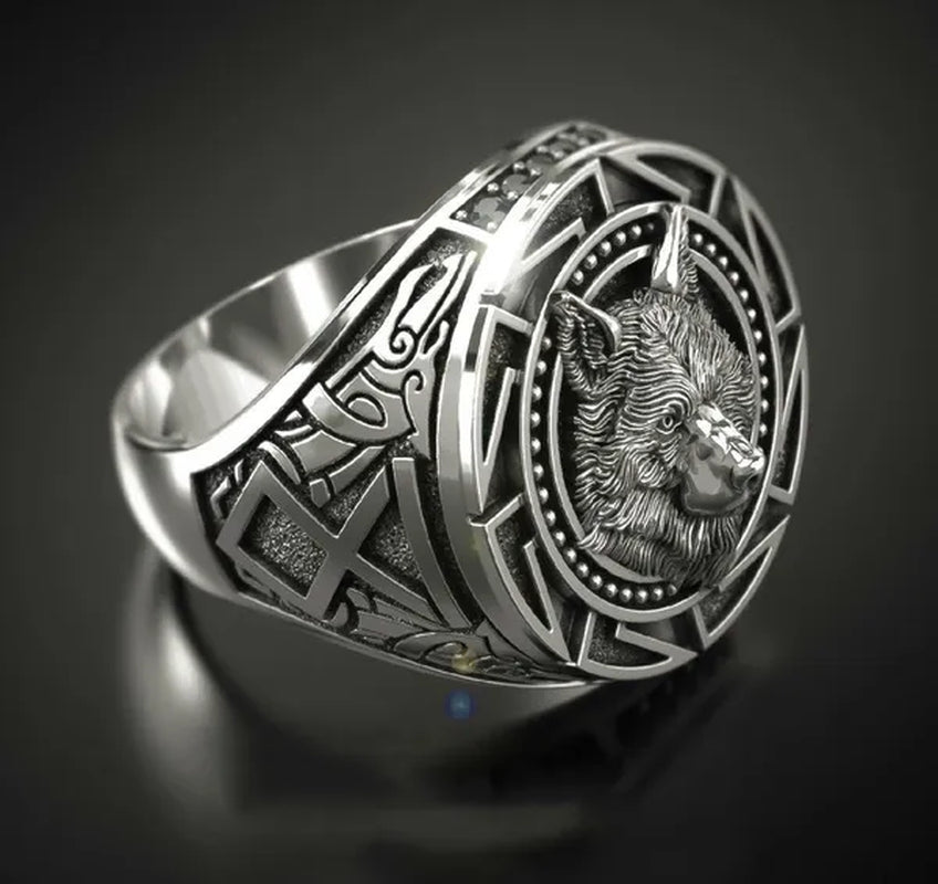 Vintage Embossed Antique Wolf Head Ring Men's Gothic Viking Steampunk Hip Hop Engraved Animal Pattern Ring Party Club Gift