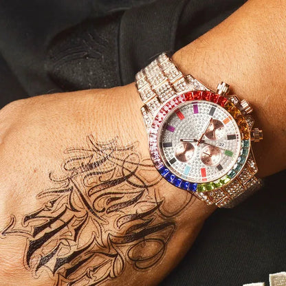 Men Watch Luxury Brand  Mens Gold men Watch Quartz Clock Chronograph colorful Diamond Steel Iced Out Watch Reloj Hombre