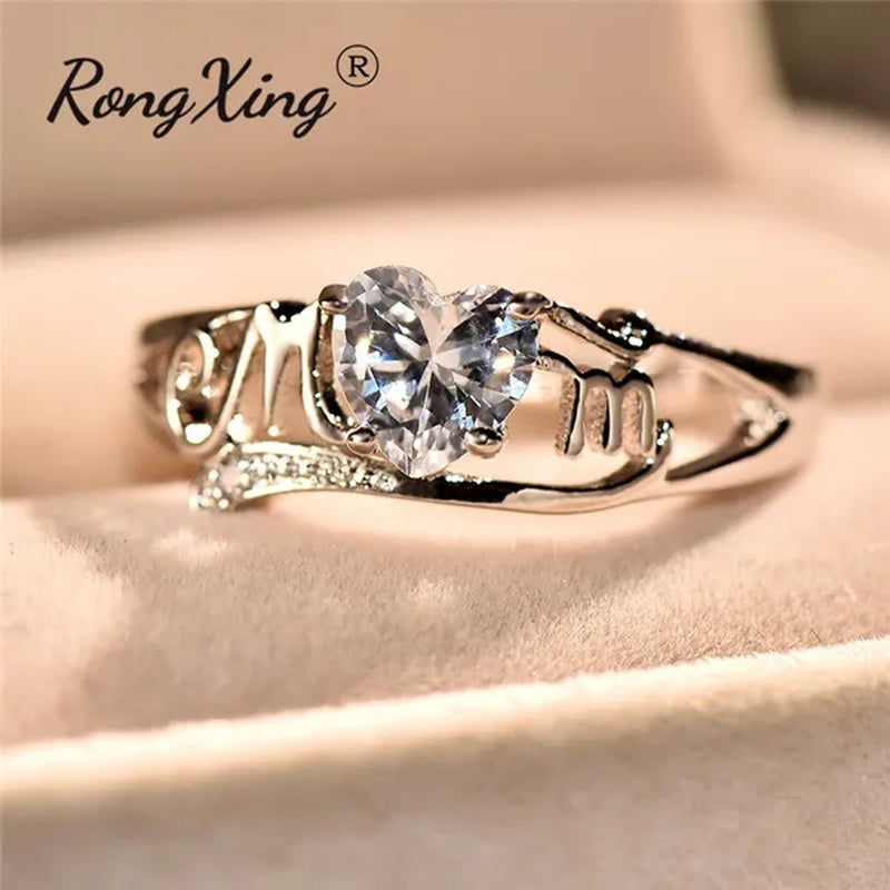 Love Mom 2ct Heart Shape Diamond/Amethyst/Emerald/Pink/Blue Sapphire/Black Diamond 925 Silver Ring Nana Ring Grandma Mum Jewelry Size 5-10