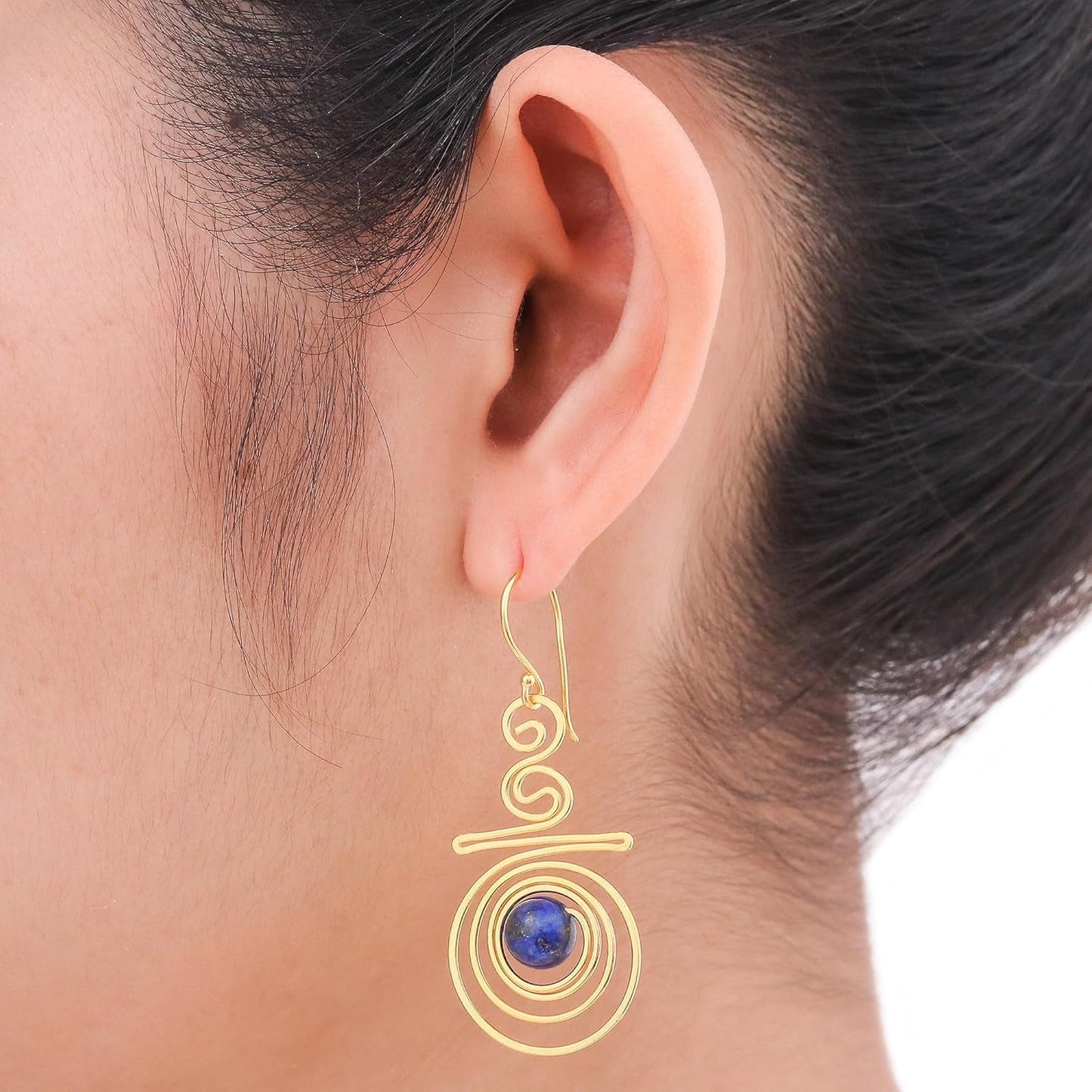 Artisan Handmade 24K Gold Plated Lapis Lazuli Dangle Earrings Crafted Brass Blue Thailand Modern 'Follow the Dream'