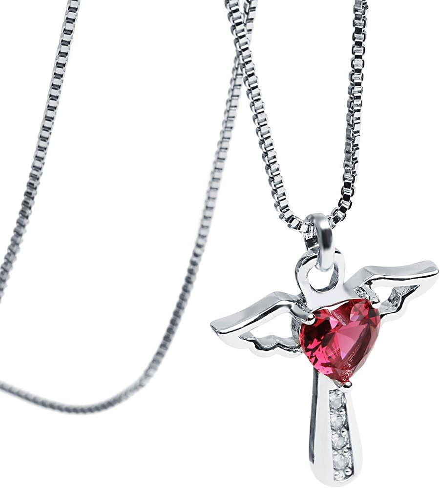 Angel Birthstone Necklaces Heart Cross Necklace for Women Cubic Zirconia Angel Wing Birthstone Heart Charm Pendant Necklace Gifts for Valentine,Birthday