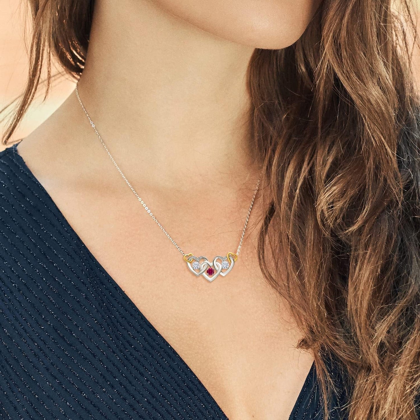 925 Silver and 10K Yellow Gold Red Created Ruby White Moissanite and White Lab Grown Diamond Heart Shape Pendant Necklace for Women (0.77 Cttw, with 18 Inch Chain)