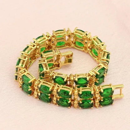Flawless Long Gold Color Women Jewelry Sets Green Zircon Drop Earrings Necklace Pendant Rings Oval Bracelet Dating Gift