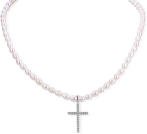 925 Sterling Silver Cross Pendant Freshwater Pearl Necklace for Women'S Pearl Strand Necklaces
