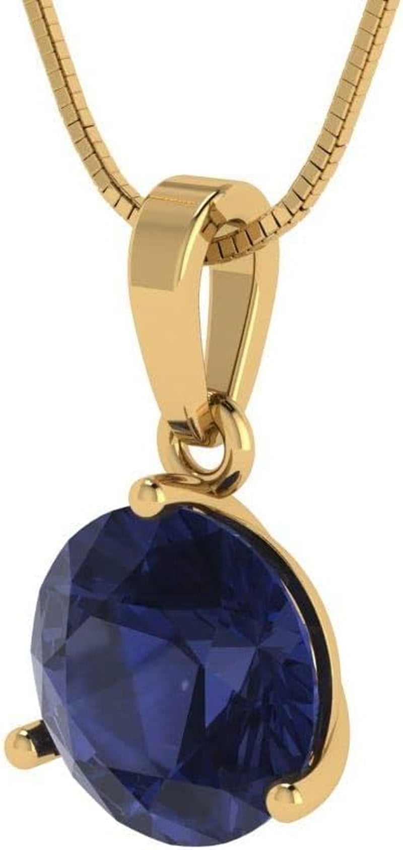 2.0 Ct round Cut Genuine Simulated Blue Sapphire Martini Style Solitaire Pendant with 18" Gold Chain Box 18K Yellow Gold