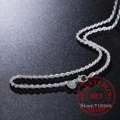 Real 100% 925 sterling silver Men's Fine Jewelry 3mm twisted rope chain necklace Size 16-30inch charm necklace Colar