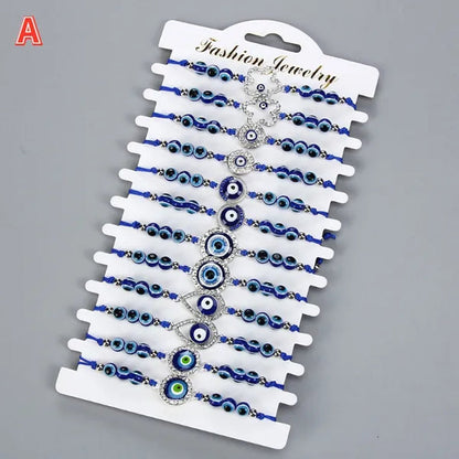 12 Pcs/Set Bohemian Handmade Braided Rope Charm Bracelets Rhinestone Blue round Beads Evil Eye Bracelet for Women Men Friendship Jewelry Gifts