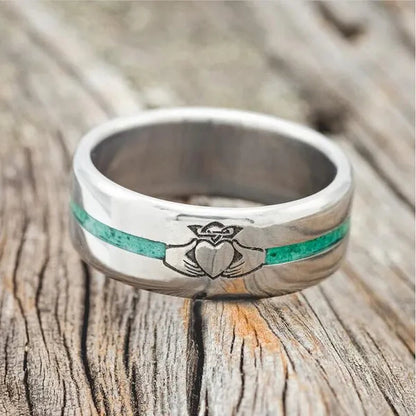 Vintage Hand in Hand Ring Men'S Fashion Stainless Steel Titanium Claddagh Engraved Malachite Inlay Friendship Ring Anniversary Gift Wedding Engagement Band Jewelry Rings Size 6-13