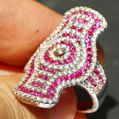 Silver Natural Gemstones Ring Ruby & White Sapphire Wedding Birthstone Bride Engagement Square Brand Crown Cross Crucifix Ring Jewelry Size 6 7 8 9 10