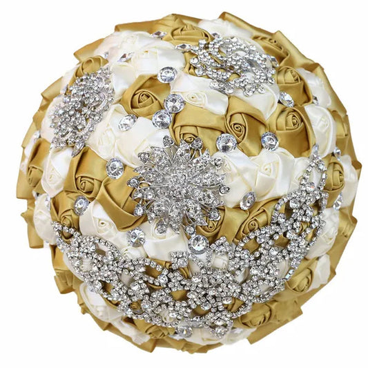 21CM Creative Handmade Diamond Flower Brooch Bouquet Ribbon Silk Rose Wedding Flower Bridal Bouquet Bridesmaid Holding Flowers
