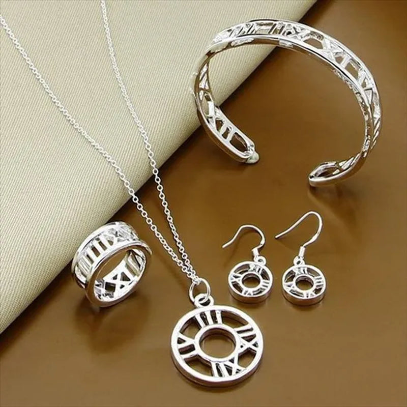 New Style 925 Sterling Silver Roman Numeral Earrings Bracelet Necklace Ring Set For Women Wedding Engagement Fashion Charm Jewel