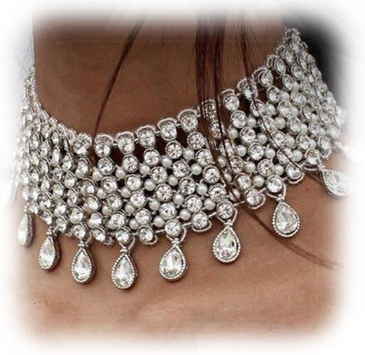 Vintage Boho Full Rhinestones Necklaces Tassel Jewelry Set Layered Pendant Statement Chunky Chain Necklace for Women and Girls