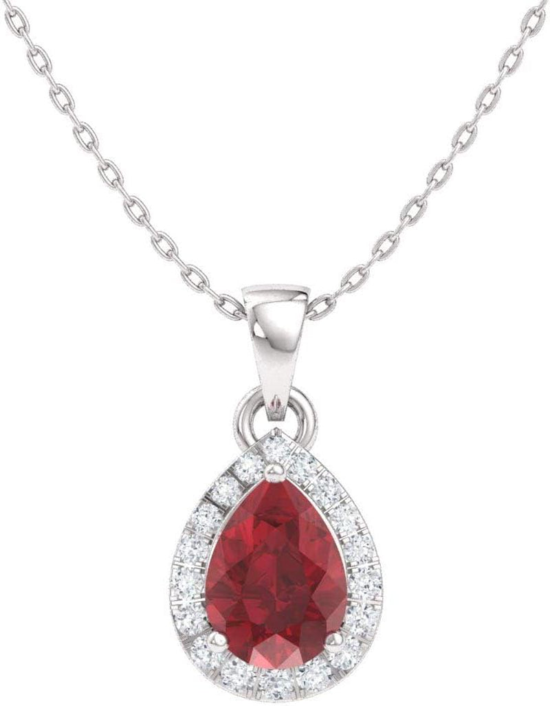 Natural and Certified Pear Gemstone and Diamond Halo Drop Petite Necklace in 14K Solid Gold | 0.33 Carat Pendant with 18 Inch Chain