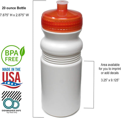 20 Ounce Sports Water Bottles 6 Pack, Bpa-Free, Made in USA, Dishwasher Safe, Clear Frost Bottles/Rainbow Lids