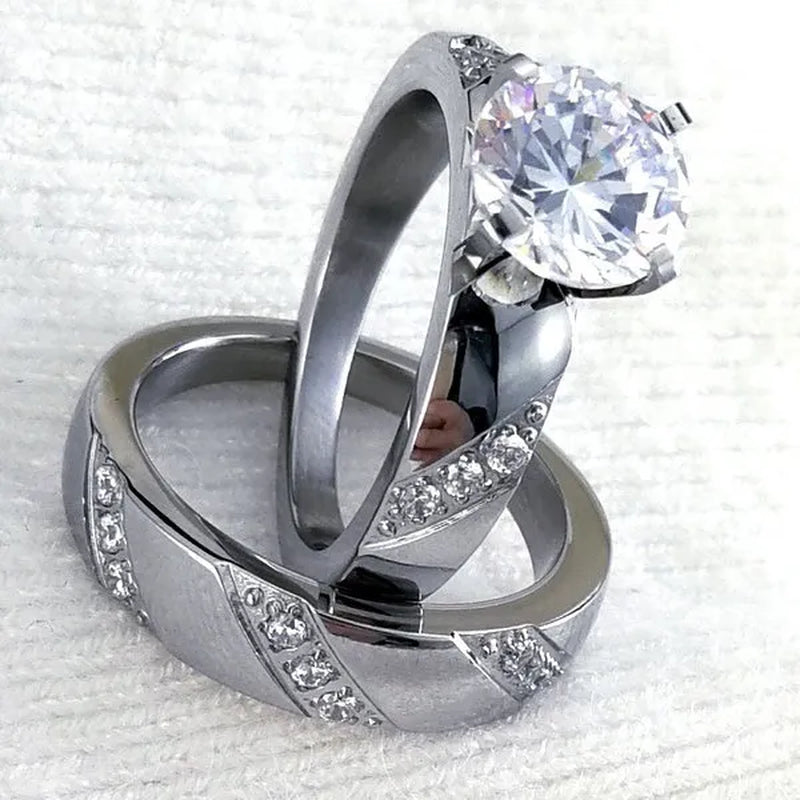 Size 5-10 Hers Women's Stainless Steel  Color Wedding Engagement Ring Transparent Stone R297R298
