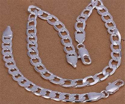 2PCS (Bracelet + Necklace) 925 Sterling Silver Women Men Fashion Jewelry Set Curb Chain Necklace Bracelet 925 Silver Jewelry High Quality Necklace Bracelet 16-30 Inches