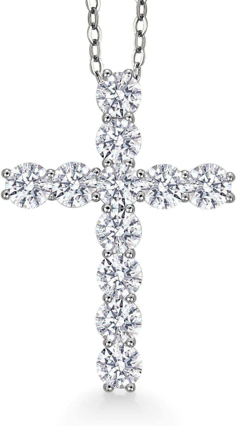 Moissanite Cross Necklace | 925 Sterling Silver | 2.53 Cttw | 1.20 Inch | Jesus Christian Religious Crucifix Jewelry Pendant Necklace for Women | with 18 Inch Silver Chain