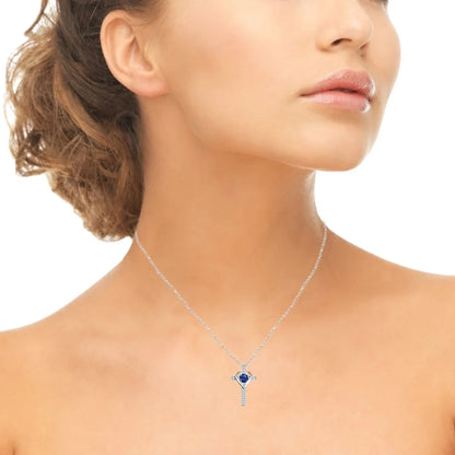 Sterling Silver Created Blue Sapphire and White Topaz Heart Cross Birthstone Pendant Necklace