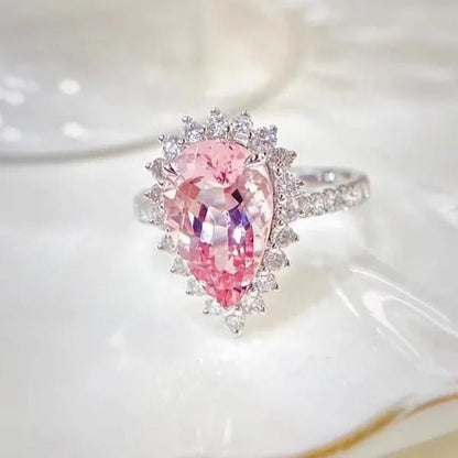 Luxurious High-quality Flower Shaped Silver Inlaid Dazzling Pink Zircon Women's Ring, Fashionable New Romantic Wedding Jewelry Accessories Christmas Gift, Anniversary Ring Valentine's Day Gift for Her