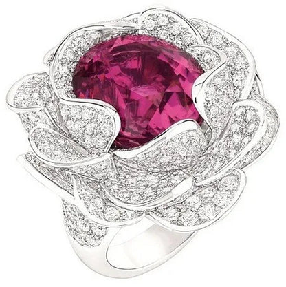 Dazzling 925 Sterling Silver Ruby Flower Diamond Ring Women Wedding Engagement Party Jewelry