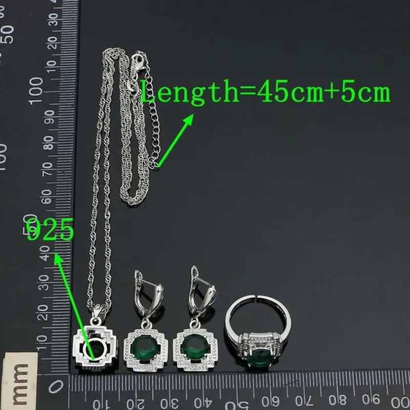 925 Sterling Silver Jewelry Set for Women Natural Green Cubic Zirconia Adjustable Ring Earrings Pendant Chain Bracelet 4PCS