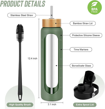 32 Oz Glass Water Bottles - 1 Liter Motivational Tumbler with Time Marker - Borosilicate Glass with Silicone Sleeve and 2 Lids, Handle Spout & Bamboo Straw Lid