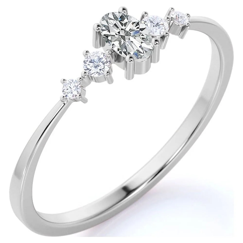 Oval Cut Moissanite and 4 Stone Diamond Fashion Dainty Ring in 10K White Gold