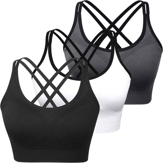 Cross Back Sports Bra for Women Padded Strappy Yoga Bra Medium Support Workout Bra for Athletic Gym Fitness 3 Pack