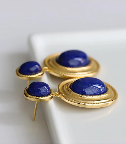 Western Lapis Lazuli Drop Dangle Earrings, Gold Plated Navy Blue Gemstone Leo December Birthstone Earrings, Vintage Elegant Accessories Gifts for Women Girls