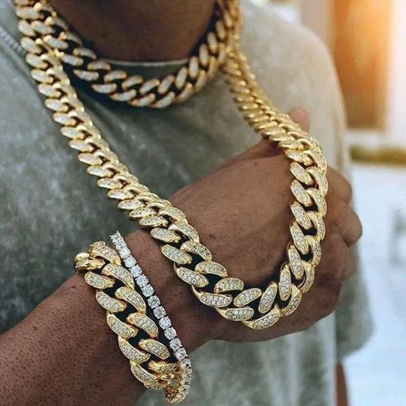 13MM  24K Gold/925 Silver Iced Out BlingBling Diamond Cuban Link Chain Miami Choker Necklace Bracelet Jewelry Set for Fashion Men and Women Hip Hop Jewelry - WORLD TIME VISITS